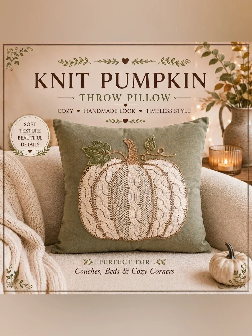 Knit Pumpkin Throw Pillow - Olive Green